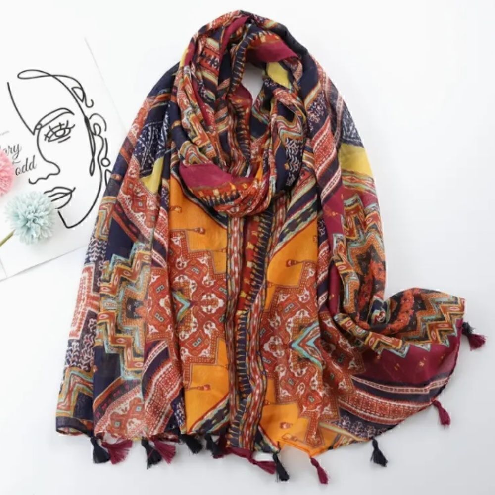 NEW! Trendy Boho Aztec Tribal Print Tasseled Head Scarf Wrap Shawl Hippie Gypsy